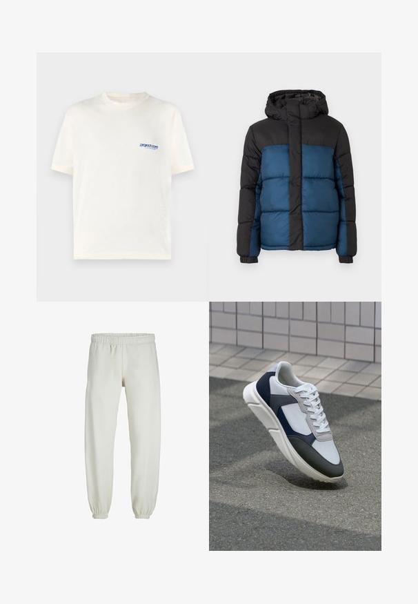 Paminkštintas švarkas su juodu gobtuvu ir viršutine dalimi, pasižymintis mėlyna apatine dalimi. Dizainą sudaro horizontalūs siuvimo segmentai ir elastiniai rankogaliai.; Kreminės spalvos trumpomis rankovėmis marškinėliai, pagaminti iš minkštos medvilnės, su mažu mėlynu atspaudu kairėje krūtinės pusėje. Klasikinio apvalaus kaklo dizainas.; Baltos sportinės kelnės, pagamintos iš minkštos medžiagos, su elastinga juosmeniu ir rankogaliais, turinčios lygią tekstūrą ir laisvą siluetą.; Baltos, tamsiai mėlynos ir pilkos sportbačiai su mišriomis medžiagomis, turintys tekstūruotą viršutinę dalį, plokščius raištelius ir paminkštintą pado dalį.