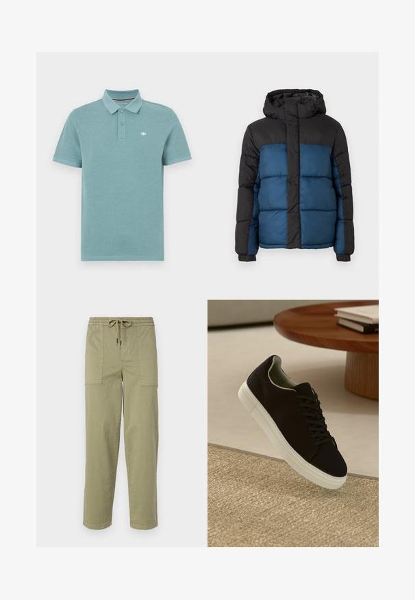 Gevoerde jas met een zwarte capuchon en bovenstuk, met een blauwe onderkant. Het ontwerp heeft horizontaal gestikte panelen en elastische manchetten.; Polo shirt in licht teal, korte mouwen, polo kraag met twee knopen, voorzien van een klein logo op de linkerborst, soepel katoenen stof.; Licht olijfgroene broek van een katoenmix, met een elastische tailleband met trekkoord en twee grote zijzakken.; Zwarte sneaker met witte zool die boven een beige gestructureerd tapijt zweeft, nabij een ronde houten tafel met gestapelde boeken.