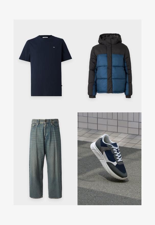 Casaco acolchoado com capuz preto e parte superior, apresentando uma parte inferior azul. O design inclui painéis horizontais acolchoados e punhos elásticos.; T-shirt de algodão azul marinho com mangas curtas, gola redonda, discreto logotipo "WW" no peito e bainha reta. Textura suave, design casual.; Jeans de ganga azul claro com um corte solto, cintura média e pernas retas. Apresenta cinco bolsos, passadores de cinto e fecho com botão.; Sapatilha com parte superior em malha azul-marinho, detalhes em camurça cinza, sola de borracha branca e atacadores brancos planos, projetada para conforto e respirabilidade.