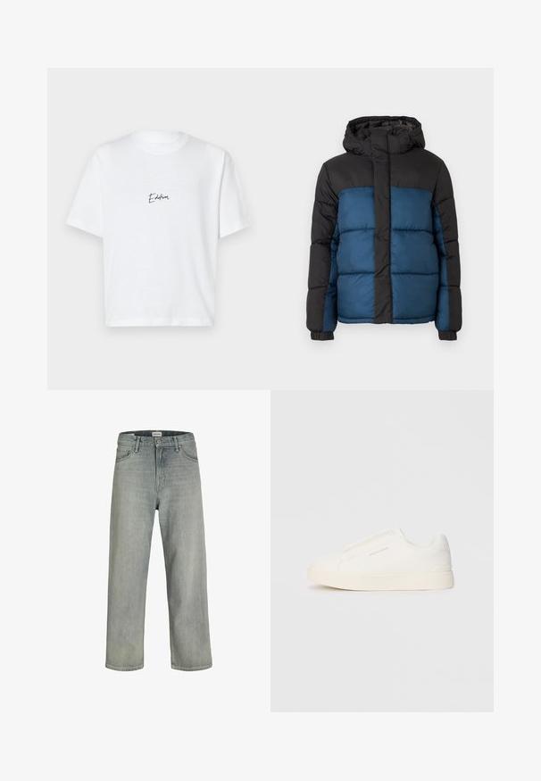 Padded jacket with a black hood and upper section, featuring a blue lower section. The design includes horizontal stitched panels and elastic cuffs.; White cotton T-shirt featuring short sleeves, a classic crew neckline, and a black scripted "Edition" text on the left chest area.; Light gray, loose-fitting jeans made of denim. Features a classic five-pocket design, belt loops, and a straight leg silhouette.; White slip-on sneakers with a textured surface, a thick sole, and minimalistic design. Features brand logo on the side.