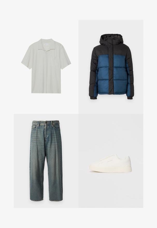 Pufota jaka ar melnu kapuci un augšējo daļu, kas aprīkota ar zilu apakšējo daļu. Dizainu veido horizontāli šūti paneļi un elastīgas aproces.; Gaišas beigas īsām piedurknēm polo krekls, ar apkakles kakla izgriezumu, vienu krūšu kabatu un brīvu piegriezumu. Gluda tekstūra ar minimālu dizainu.; Gaiši zili džinsi ar brīvu piegriezumu, vidējo jostas augstumu un taisnām kājām. Satur piecas kabatas, jostas cilpas un pogu aizdari.; Baltas slip-on sporta apavi ar teksturētu virsmu, biezu zoli un minimālistisku dizainu. Sānos redzams zīmola logotips.