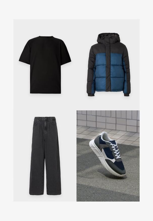 Padded jacket with a black hood and upper section, featuring a blue lower section. The design includes horizontal stitched panels and elastic cuffs.; Black short-sleeve T-shirt made from ribbed fabric. Features a round neckline and a relaxed fit with a smooth texture. Back view only.; Wide-leg, high-waisted black denim pants with a front button and zipper closure, featuring side pockets and a smooth texture.; Sneaker featuring a navy blue mesh upper, gray suede accents, white rubber sole, and flat white laces, designed for comfort and breathability.