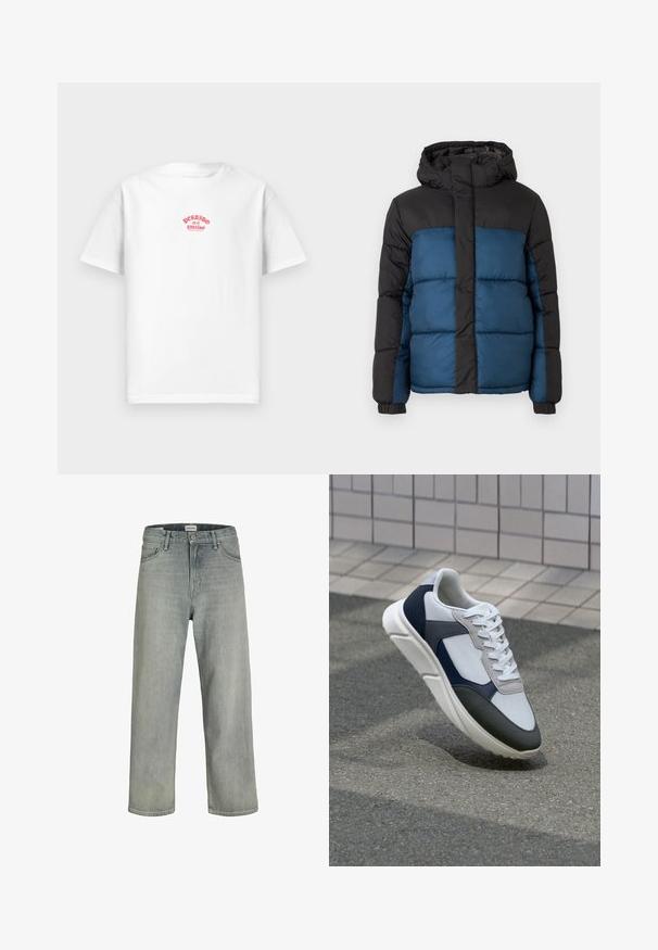 Podložena jakna s črno kapuco in zgornjim delom ter modrim spodnjim delom. Oblikovanje vključuje horizontalno šivane panele in elastične manšete.; Bela bomba majica iz bombaža z rdečim tiskanim dizajnom, ki na prsih govori "Perdido en el paraíso", kratki rokavi, sproščen kroj.; Svetlo sivi, široki traperice iz denima. Ima klasični dizajn s pet džepova, petlje za remen i ravno krojenje.; Bela, mornarsko modra in siva športna obutev z mešano materialno zasnovo, ki vključuje teksturirano zgornji del, ravne vezalke in oblazinjen podplat.