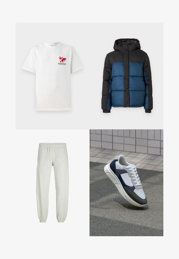 Chaqueta acolchada con capucha negra y sección superior, presentando una sección inferior azul. El diseño incluye paneles cosidos horizontalmente y puños elásticos.; Camiseta de algodón blanca con un gráfico de un vaquero rojo y un caballo en el lado izquierdo del pecho, con el texto "DÍAS DE RODEO" debajo del diseño.; Pantalones de chándal blancos hechos de una tela suave, con cinturilla y puños elásticos, que presentan una textura suave y un diseño holgado.; Zapatilla blanca, azul marino y gris con un diseño de materiales mixtos, que presenta una parte superior texturizada, cordones planos y una suela acolchada.