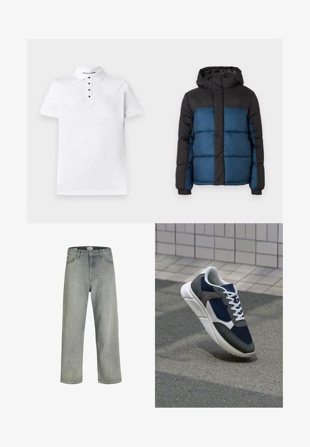 Polstret jakke med en sort hætte og øverste sektion, prydet med en blå nederste sektion. Designet inkluderer horisontalt syede paneler og elastiske manchetter.; Hvid bomulds polo shirt med klassisk krave, fem-knaps placket med sorte knapper og et lille broderet logo på brystet.; Lysegrå, løstsiddende jeans lavet af denim. Har et klassisk fem-lomme design, bæltestropper og en lige ben silhuet.; Sneakers med en overdel i marineblå mesh, grå suedeteksturer, hvid gummisål og flade hvide snørebånd, designet til komfort og åndbarhed.