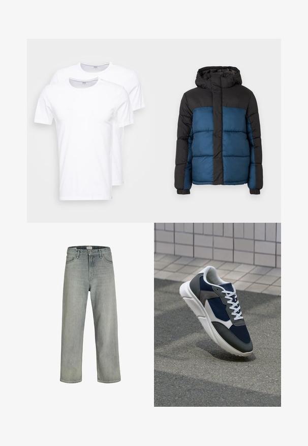 Casaco acolchoado com capuz preto e parte superior, apresentando uma parte inferior azul. O design inclui painéis horizontais acolchoados e punhos elásticos.; T-shirts brancos de algodão em um pacote de dois. Gola redonda, mangas curtas e uma textura suave. Sem padrões ou gráficos.; Jeans soltos de cor cinza claro feitos de denim. Apresentam um design clássico de cinco bolsos, passadores para cinto e uma silhueta de perna reta.; Sapatilha com parte superior em malha azul-marinho, detalhes em camurça cinza, sola de borracha branca e atacadores brancos planos, projetada para conforto e respirabilidade.