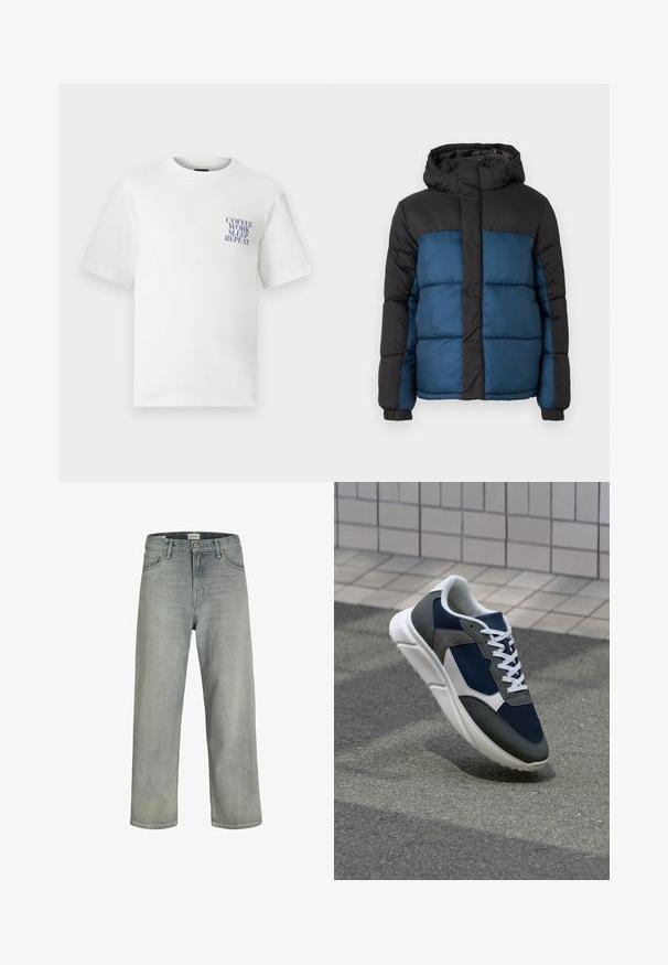 Padded jacket with a black hood and upper section, featuring a blue lower section. The design includes horizontal stitched panels and elastic cuffs.; White cotton T-shirt with a relaxed fit, featuring a blue graphic text design on the left chest that reads "COFFEE WORK SLEEP REPEAT."; Light gray, loose-fitting jeans made of denim. Features a classic five-pocket design, belt loops, and a straight leg silhouette.; Sneaker featuring a navy blue mesh upper, gray suede accents, white rubber sole, and flat white laces, designed for comfort and breathability.