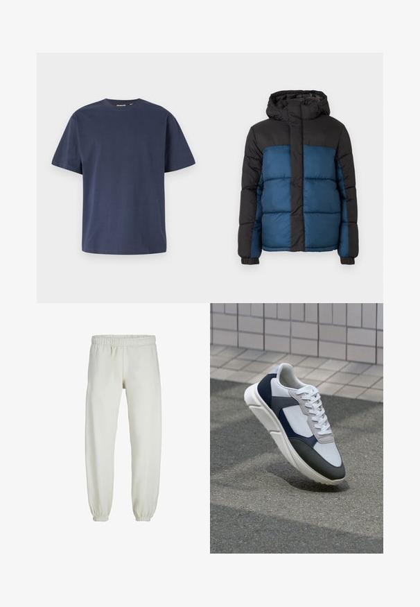 Vadderad jacka med svart huva och överdel, som har en blå nederdel. Designen inkluderar horisontella sydda paneler och elastiska manschetter.; Marinblå bomullströja med rund halsringning och korta ärmar. Slät textur, rak skärning och minimala sömmar, vilket ger en klassisk design.; Vita sweatpants gjorda av mjukt tyg, med elastisk midja och muddar, samt en slät textur och lös passform.; Vit, marinblå och grå sneaker med en blandad materialdesign, som har ett texturerat ovandel, platta snören och en vadderad sula.