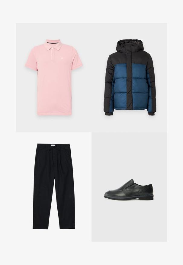 Casaco acolchoado com capuz preto e parte superior, apresentando uma parte inferior azul. O design inclui painéis horizontais acolchoados e punhos elásticos.; Polo cor-de-rosa feito de algodão, com colarinho clássico, três botões e um pequeno logo no lado esquerdo do peito. Mangas curtas e um corte regular.; Pier One Chinos - black; Sapato slip-on preto em pele com um upper liso, acabamentos cosidos, bico arredondado e um salto de borracha baixo. A sola apresenta um padrão de aderência mínimo.