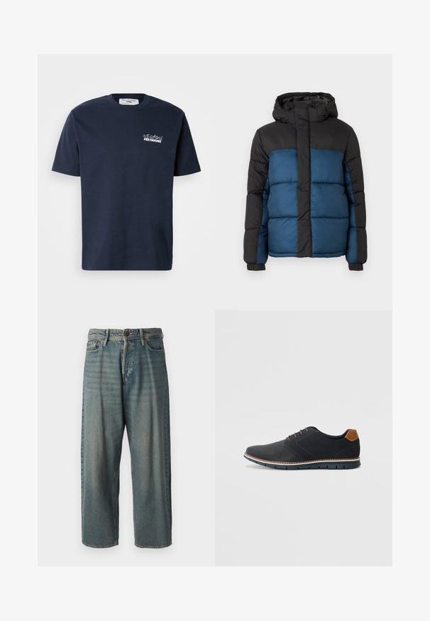 Polstret jakke med en sort hætte og øverste sektion, prydet med en blå nederste sektion. Designet inkluderer horisontalt syede paneler og elastiske manchetter.; Marineblå bomulds t-shirt med korte ærmer, rund hals, med hvid broderet tekst "Negroni per favore" på venstre brystområde.; Lyseblå denim jeans med løs pasform, mellemhøj talje og lige ben. Har fem lommer, bæltestropper og en knappelukning.; Sorte syntetiske sko med en tekstureret overdel, glatte accenter, brun hæl og en kontrasterende sål. Har minimale snørebånd og syningsdetaljer.