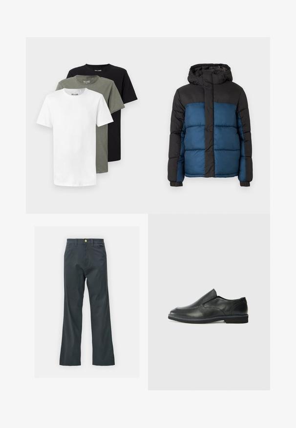 Casaco acolchoado com capuz preto e parte superior, apresentando uma parte inferior azul. O design inclui painéis horizontais acolchoados e punhos elásticos.; Três t-shirts de gola redonda em branco, verde oliva e preto. Feitas de algodão macio, apresentam mangas curtas e um corte descontraído.; Calças pretas com corte reto, feitas de um tecido em mistura de algodão. Apresenta um fecho com botão metálico e bolsos laterais. Sem padrões visíveis.; Sapato slip-on preto em pele com um upper liso, acabamentos cosidos, bico arredondado e um salto de borracha baixo. A sola apresenta um padrão de aderência mínimo.