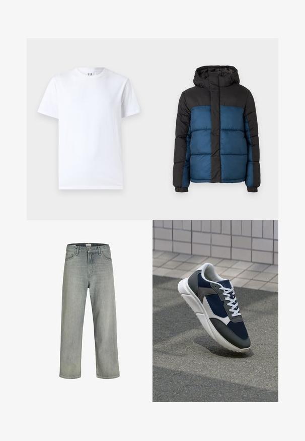 Padded jacket s čiernou kapucňou a hornou časťou, s modrou spodnou časťou. Dizajn obsahuje horizontálne prešité panely a elastické manžety.; Biele bavlnené tričko s okrúhlym výstrihom a krátkymi rukávmi. Jednoduchý dizajn bez vzorov alebo grafik, so značkou GAP na golieri.; Svetlošedé džíny vo voľnom strihu vyrobené z denimu. Obsahujú klasický dizajn s piatimi vreckami, pútka na opasok a strih rovného nohavice.; Tenisky s sieťovinou v námorníckej modrej farbe, so sivými semišovými detailmi, bielou gumovou podrážkou a plochými bielymi šnúrkami, navrhnuté pre pohodlie a priedušnosť.