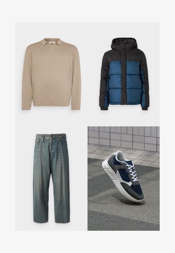 Padded jacket s čiernou kapucňou a hornou časťou, s modrou spodnou časťou. Dizajn obsahuje horizontálne prešité panely a elastické manžety.; Béžová dlhá polo košeľa s výstrihom do V, ktorá má límec a jemnú, hladkú textúru. Minimalistický dizajn bez viditeľných vzorov alebo akcentov.; Svetlomodré denimové nohavice so voľným strihom, stredne vysokým pásom a rovnými nohavicami. Obsahujú päť vreciek, pútka na opasok a zapínanie na gombík.; Tenisky s sieťovinou v námorníckej modrej farbe, so sivými semišovými detailmi, bielou gumovou podrážkou a plochými bielymi šnúrkami, navrhnuté pre pohodlie a priedušnosť.