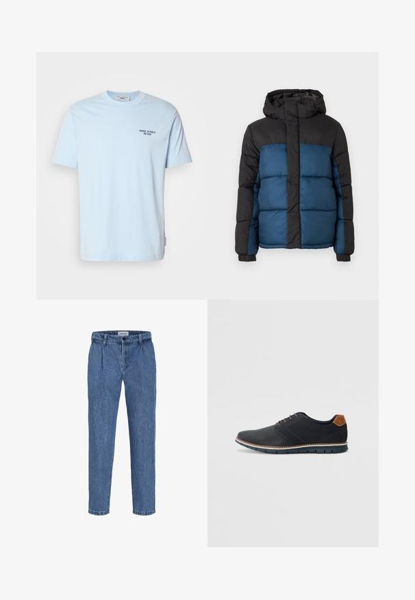 Podložena jakna s črno kapuco in zgornjim delom ter modrim spodnjim delom. Oblikovanje vključuje horizontalno šivane panele in elastične manšete.; Sveta modra bombažna majica s kratkimi rokavi in okroglim izrezom, ki na prsih nosi majhen temen napis "MARC O’POLO DENIM".; Svetlo modri jeans hlače z ohlapnim krojem, z visokim pasom, dvema sprednjima pregiboma in manšeto na robu. Enostavno zapiranje z gumbom in zadrgo.; Črne sintetične čevlje z teksturirano zgornjščino, gladkimi akcenti, rjavim petnim delom in kontrastnim podplatom. Imajo minimalno vezanje in detajle šivanja.
