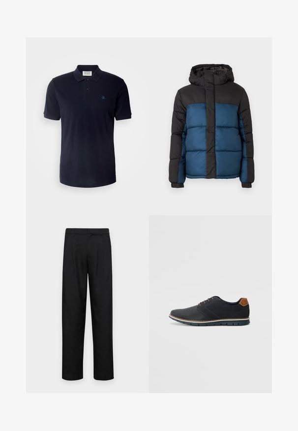 Polstret jakke med svart hette og øverste del, med en blånedre del. Designet inkluderer horisontale sømmer og elastiske mansjetter.; Scotch & Soda ESSENTIALS - Poloskjorter - night; Sorte bukser laget av glatt stoff, med rette ben, to frontfoldninger og standard liv med beltehemper.; Sorte syntetiske sko med en teksturert overdel, glatte detaljer, brun hæl og en kontrastfarge på sålen. Har minimalt snøring og sømdetaljer.