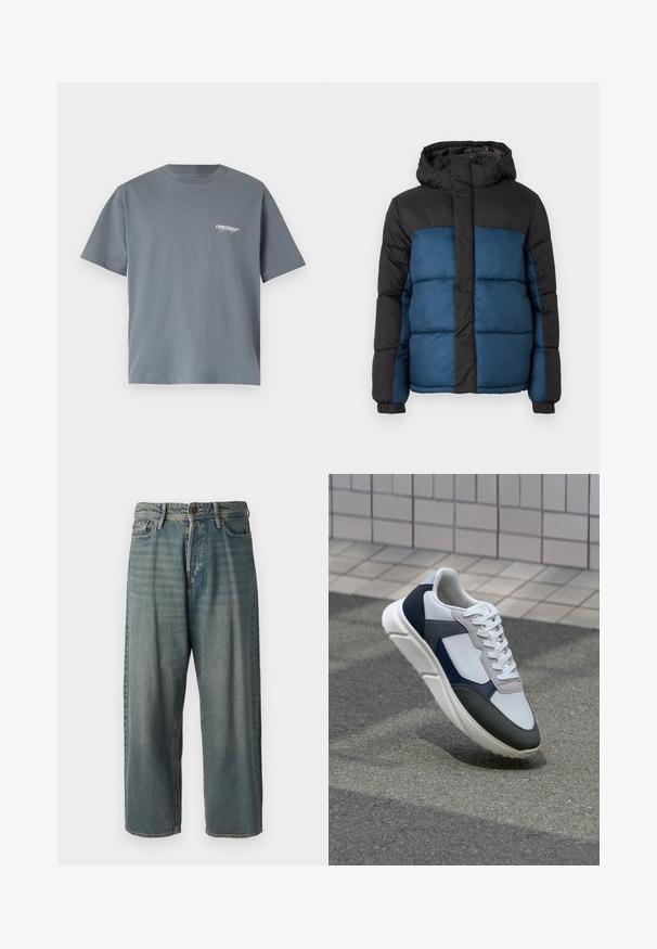 Padded jacket s čiernou kapucňou a hornou časťou, s modrou spodnou časťou. Dizajn obsahuje horizontálne prešité panely a elastické manžety.; Šedé bavlnené tričko s krátkymi rukávmi, s malým bielym logom "ORIGINALS" na ľavej hrudi. Jednoduchý dizajn s okrúhlym výstrihom.; Svetlomodré denimové nohavice so voľným strihom, stredne vysokým pásom a rovnými nohavicami. Obsahujú päť vreciek, pútka na opasok a zapínanie na gombík.; Biele, námornícke a šedé tenisky s kombinovaným materiálom, so štruktúrovaným zvrškom, plochými šnúrkami a polstrovanou podošvou.