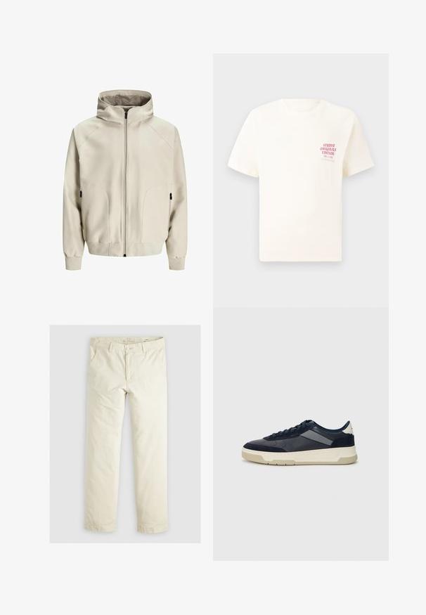Šviesiai smėlio spalvos džemperis su gobtuvu, užtrauktuku, šoninėmis kišenėmis ir raukšlėmis ant rankovių. Sklandus audinys su matinio paviršiaus apdaila ir subtiliomis siuvimo detalėmis.; Balta trumpa rankovėmis marškinėliai su raudonu užrašu "Studio Originals Edition" kairiajame krūtinės šone, rodomi neutralioje pilkoje aplinkoje.; Šviesiai smėlinės spalvos laisvi kelnės su trimis kišenėmis, diržo kilpos ir tiesiomis kojomis. Pagamintos iš minkštos medvilnės mišinio audinio.; BOSS BALTIMORE - Sportbačiai - open blue