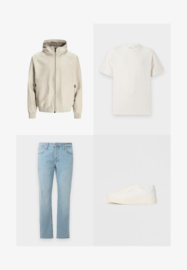 Heledad helebeez žakk, millel on tõmblukuga kinni minek, küljetaskud ja soonikuga varrukad. Sile kanga struktuur, millel on matttunne ja peened õmblusdetailid.; Valge lühikeste varrukatega T-särk ribakudumises. Ümar kaelus, mugav lõige, nähtavad mustrid ega aksessuaarid puuduvad. Lihtne ja mitmekesine disain.; Heledadilised helesinised teksad otse lõikega, viie taskuga ja nööpidega vöökoht, asetatud lamele valgele taustale.; Valged libisemiskindlad tossud tekstuuriga pinnaga, paksu tallaga ja minimalistikus disainis. Küljel on brändi logo.