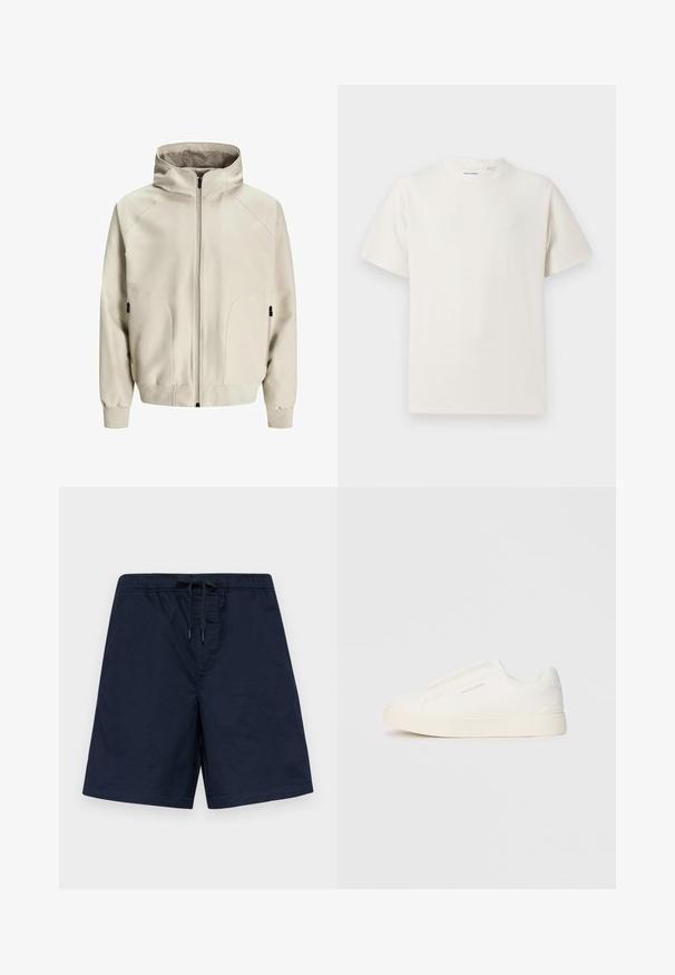 Light beige hooded jacket with a zip closure, side pockets, and ribbed cuffs. Smooth fabric with a matte finish and subtle stitching details.; White short-sleeve T-shirt in a ribbed texture. Round neckline, relaxed fit, no visible patterns or accents. Simple and versatile design.; Navy blue swim shorts with an elastic waistband and drawstring. Lightweight fabric with a smooth texture and no visible patterns or embellishments.; White slip-on sneakers with a textured surface, a thick sole, and minimalistic design. Features brand logo on the side.
