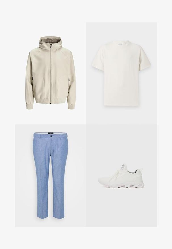 Giacca cappuccio color beige chiaro con chiusura a zip, tasche laterali e polsini a costina. Tessuto liscio con finitura opaca e dettagli di cucitura discreti.; T-shirt bianca a maniche corte in texture a coste. Girocollo, vestibilità rilassata, senza modelli o accenti visibili. Design semplice e versatile.; Pantaloni azzurri chiari realizzati in tessuto testurizzato, con una vestibilità dritta, passanti per cintura e un'unica chiusura frontale a bottone.; Scarpe atletiche bianche con tomaia in maglia testurizzata, lacci piatti e una suola ammortizzata con camere d'aria visibili per un supporto aggiuntivo.