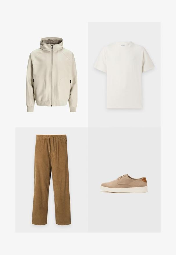 Giacca cappuccio color beige chiaro con chiusura a zip, tasche laterali e polsini a costina. Tessuto liscio con finitura opaca e dettagli di cucitura discreti.; T-shirt bianca a maniche corte in texture a coste. Girocollo, vestibilità rilassata, senza modelli o accenti visibili. Design semplice e versatile.; Pantaloni in corduroy di un caldo colore marrone, con una vita elastica dotata di lacci, vestibilità morbida e texture a coste verticali.; Sneaker in suede beige con punta arrotondata, stringhe davanti e un accento testurizzato sul retro. La suola in gomma bianca offre un contrasto. Design semplice e moderno.