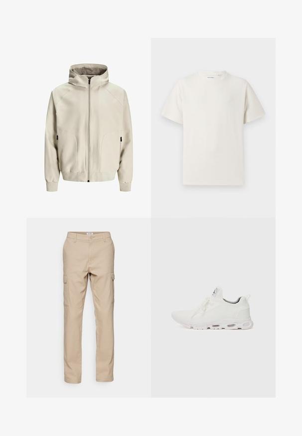 Light beige hooded jacket with a zip closure, side pockets, and ribbed cuffs. Smooth fabric with a matte finish and subtle stitching details.; White short-sleeve T-shirt in a ribbed texture. Round neckline, relaxed fit, no visible patterns or accents. Simple and versatile design.; Beige cargo pants made of durable fabric, featuring multiple side pockets, a classic fit, and straight legs with simple stitching.; White athletic shoes featuring a textured knit upper, flat laces, and a cushioned sole with visible air chambers for added support.