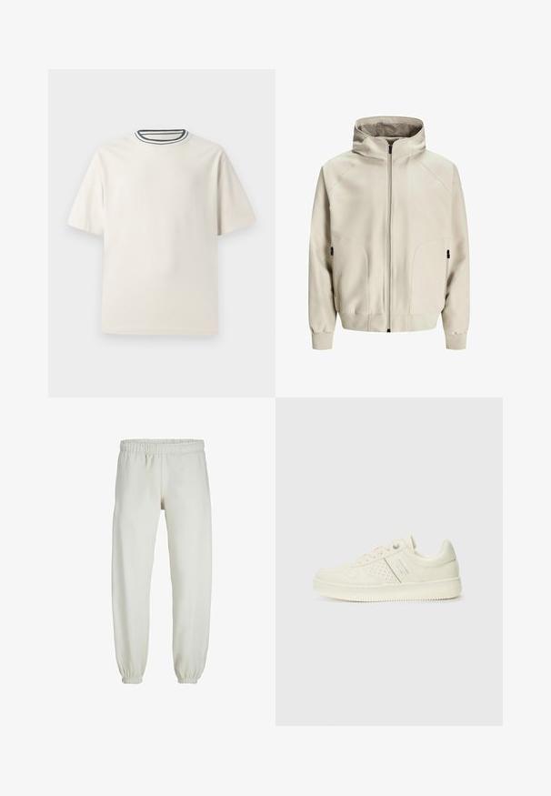 Hellbeige Kapuzenjacke mit einem Reißverschluss, seitlichen Taschen und gerippten Bündchen. Glattes Material mit matter Oberfläche und subtilen Nähdetails.; Cremefarbendes Baumwoll-T-Shirt mit kurzen Ärmeln, das über einen runden Halsauschnitt mit navy- und weißen Streifen verfügt. Glatte Textur, lässige Passform.; Weiße Jogginghose aus weichem Stoff, mit elastischem Bund und Säumen, einer glatten Textur und lockerem Schnitt.; Cremefarbene Sneaker mit perforierten Details, Schnürsenkeln und Logo an der Seite, vor einem schlichten weißen Hintergrund präsentiert.