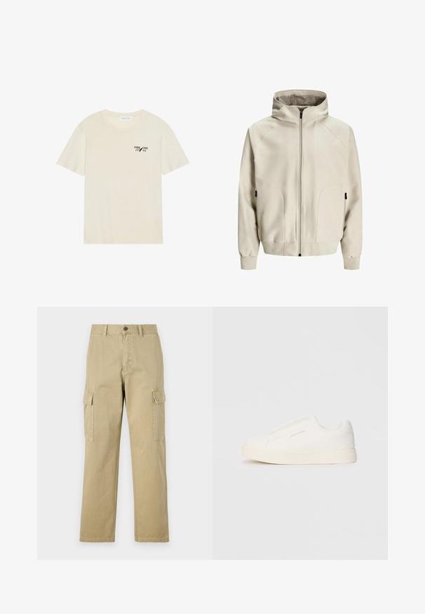 Svetlo béžová bunda s kapucňou a zipsom, bočnými vreckami a rebrovanými manžetami. Hladká tkanina s matným povrchom a jemnými švovými detailmi.; Pier One Základné tričko - tan; Bežové cargo nohavice vyrobené z bavlny, s dvoma bočnými vreckami, zapínaním na gombík a rovným strihom s mierne textúrovanou tkaninou.; Biele slip-on tenisky s textúrovaným povrchom, hrubou podrážkou a minimalistickým dizajnom. Obsahuje logo značky na boku.
