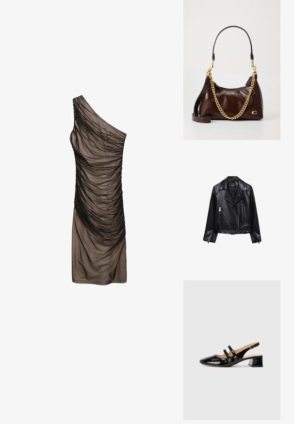Čierna kožená motorkárska bunda s opaskom v páse, striebornými kovovými prvkami, zipsovými vreckami a s výstrihom do "V". Hladká textura a priliehavý strih.; Mango Denné šaty - black; Čierne lakované slingback topánky s špicatou špičkou, dvomi strapcami, zlatými kruhovými akcentami a nízkym blokovým podpätkom.; Hnedá kožená kabelka s textúrovaným povrchom, zlatým reťazovým popruhom a krátkou rúčkou, ktorá má na boku akcent s logom.