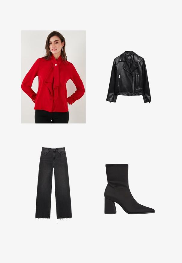 Czarna skórzana kurtka motocyklowa z paskiem w talii, srebrnymi elementami, kieszeniami na zamek oraz wyciętym kołnierzem. Gładka tekstura i dopasowany krój.; Czerwona bluzka z gładkiego materiału z przewiązanym kokardą przy kołnierzy, długimi rękawami z zapięciem na guzik oraz pojedynczym zapięciem na guzik na szyi.; Czarne dżinsy z szerokimi nogawkami i wysokim stanem, z postrzępionym dołem, pięcioma kieszeniami i zapięciem na guzik. Gładka tekstura z wyblakłym wykończeniem.; Czarne botki za kostkę wykonane z gładkiego materiału, z wąskim noskiem, słupkowym obcasem i bezszwowym wzornictwem z delikatnymi detalami przeszycia.