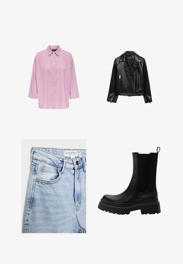 Čierna kožená motorkárska bunda s opaskom v páse, striebornými kovovými prvkami, zipsovými vreckami a s výstrihom do "V". Hladká textura a priliehavý strih.; Ružová a biela pruhovaná košeľa s gombíkmi a golierom, s trojštvrťovými rukávmi a uvoľneným strihom. Vyrobená z ľahkej, hladkej látky.; Svetlomodré denimové nohavice s vysokým pásom, piatimi vreckami, hardware v medených odtieňoch a jemným vyblednutím, s etiketou na páske.; Čierne kožené Chelsea topánky s elastickými bočnými panelmi, robustnou gumovou podrážkou a zaoblenou špičkou. Textúrovaný a hladký povrch.