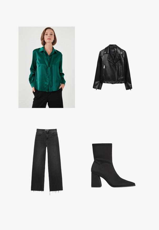 Giacca moto in pelle nera con vita regolabile, minuteria in argento, tasche con zip e colletto a pattina. Texture liscia e design aderente.; Blusa in satin verde smeraldo con colletto piatto, maniche lunghe e dettaglio annodato nella parte frontale. Tessuto liscio e vestibilità rilassata.; Jeans in denim nero a gamba larga con vita alta e orlo sfilacciato, design a cinque tasche e chiusura con bottone. Texture liscia con un finish sbiadito.; Stivali neri alla caviglia realizzati in tessuto liscio, con punta appuntita, tacco a blocco e design senza giunture con sottili dettagli di cucitura.