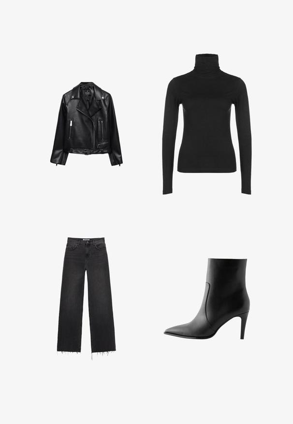 Crna kožna motociklistička jakna s pojasom, srebrnim detaljima, zatvorenim džepovima i jakim ovratnikom. Glatka tekstura i prilagođen dizajn.; Crna majica s dugim rukavima i visokim ovratnikom, izrađena od glatkog, rastezljivog materijala. Ima visoki ovratnik i prilagođeni oblik, bez vidljivih uzoraka ili detalja.; Crne traperice s visokim strukom i širokim nogavicama, s frcanim rubom, dizajnom od pet džepova i kopčanjem na dugme. Glatka tekstura s izblijedjelim završetkom.; Crne kožne gležnjače s uskim vrhom, glatkom teksturom i štiklom u obliku stilettoa. Minimalistički dizajn bez ukrasnih detalja.