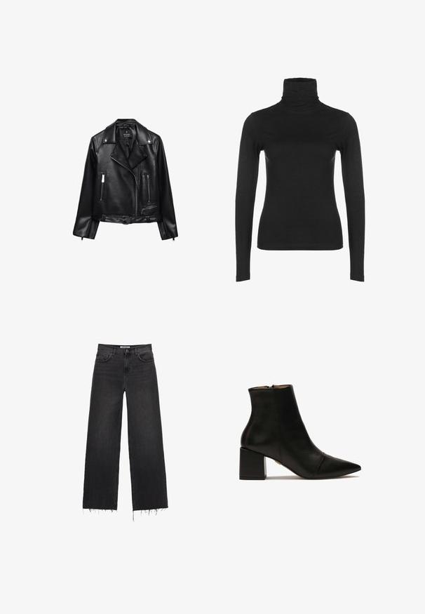 Czarna skórzana kurtka motocyklowa z paskiem w talii, srebrnymi elementami, kieszeniami na zamek oraz wyciętym kołnierzem. Gładka tekstura i dopasowany krój.; Czarny, długi rękaw, dopasowany golf, wykonany z gładkiego, elastycznego materiału. Posiada wysoki kołnierz i konturujący fason, bez widocznych wzorów czy zdobień.; Czarne dżinsy z szerokimi nogawkami i wysokim stanem, z postrzępionym dołem, pięcioma kieszeniami i zapięciem na guzik. Gładka tekstura z wyblakłym wykończeniem.; Czarne skórzane botki za kostkę z długim noskiem, słupkowym obcasem i zapięciem na zamek z tyłu. Gładka tekstura z minimalnymi detalami szwów.