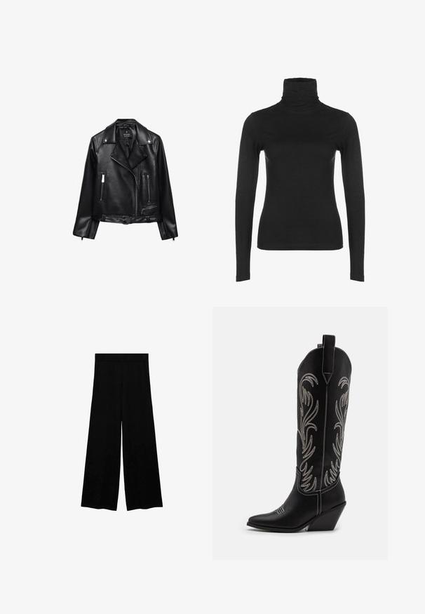 Zwarte leren motorjack met een ceintuur in de taille, zilverkleurige accenten, ritszakken en een gesneden kraag. Glad materiaal en getailleerd ontwerp.; Zwart lange mouwen coltrui, gemaakt van een zachte, rekbare stof. Kenmerkt zich door een hoge kraag en een getailleerd silhouet, zonder zichtbare patronen of accenten.; Wijde zwarte broek met een gladde, zachte textuur. Beschikt over een middelhoge tailleband en heeft geen zichtbare zakken of sluitingen.; Zwarte leren cowboylaarzen met spitse neuzen, wiggenhakken en zilver geborduurde bloemmotieven langs de schacht. Contrasterende stiksels overal.