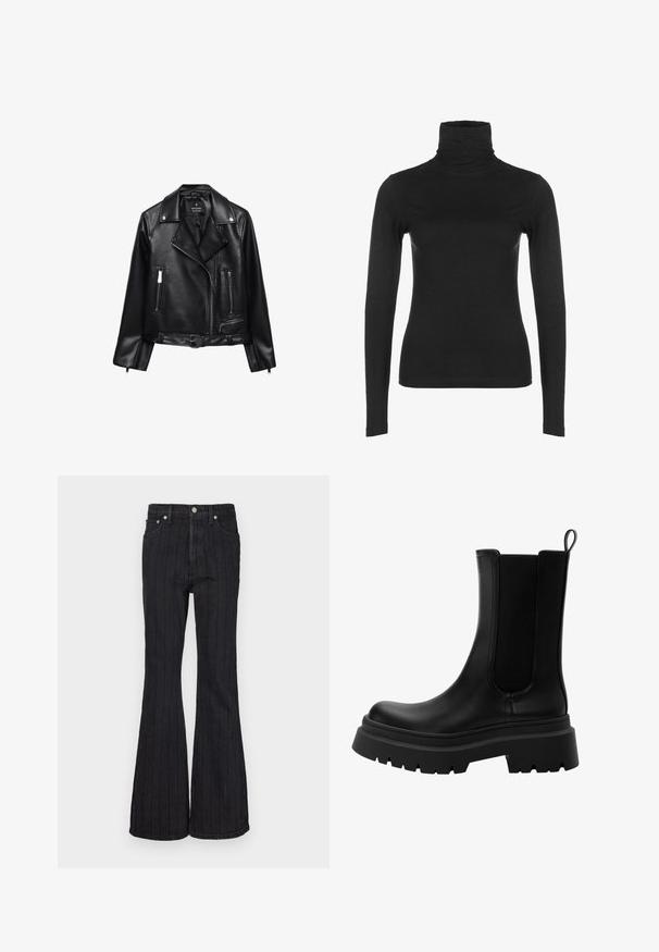 Čierna kožená motorkárska bunda s opaskom v páse, striebornými kovovými prvkami, zipsovými vreckami a s výstrihom do "V". Hladká textura a priliehavý strih.; Čierny dlhý rukáv rolák, vyrobený z jemnej, elastickej látky. Vyznačuje sa vysokým golierom a priliehavým strihom, bez viditeľných vzorov alebo akcentov.; Čierne denimy s rozšírenými nohavicami, ktoré majú vertikálne biele pruhy, päť vreciek, vysoký pás a kovové zapínanie na gombík.; Čierne kožené Chelsea topánky s elastickými bočnými panelmi, robustnou gumovou podrážkou a zaoblenou špičkou. Textúrovaný a hladký povrch.