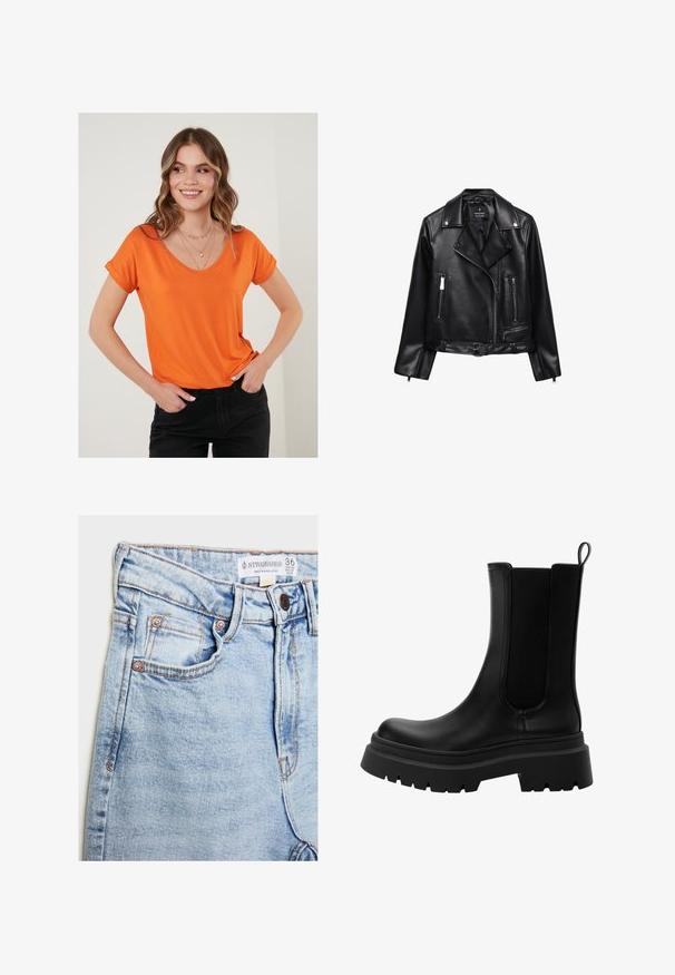 Musta nahkainen moottoripyörätakki, jossa on vyöllinen vyötärö, hopeiset yksityiskohdat, vetoketjulliset taskut ja muotoiltu kaulus. Luja pinta ja istuva malli.; Oranssi V-päähine T-paita pehmeästä kankaasta, jossa on käärityt lyhyet hihat, yhdistetty mustiin housuihin. Yksinkertainen muotoilu, ei kuvioita tai huomattavia yksityiskohtia.; Vaaleansiniset farkut, joissa on korkea vyötärö, viisi taskua, kuparinväriset yksityiskohdat ja hienovarainen kuluminen, vyötäröllä oleva etiketti.; Mustat nahkaiset Chelsea-kengät, joissa on joustavat sivupaneelit, paksu kumipohja ja pyöristetty kärki. Rakeinen ja tasainen pinta.
