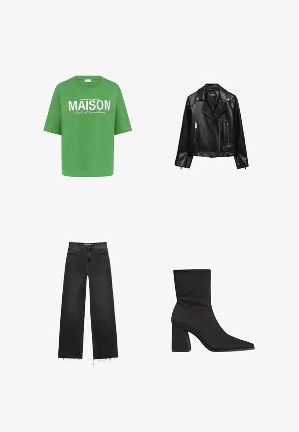 Sort lædermotorcykeljakke med bæltestrop i taljen, sølvhardware, lynlåslommer og klapkrave. Glat tekstur og tætsiddende design.; Grøn bomulds T-shirt med løs pasform, korte ærmer og hvid trykt tekst, der siger "MAISON" sammen med mindre tekst nedenfor.; Højtaljede vide ben sorte denim jeans med frynset kant, fem lommers design og knaplukning. Glat tekstur med en slidt finish.; Sorte ankelstøvler lavet af glat stof, med spidse tæer, blokhæle og sømløst design med diskrete syninger.