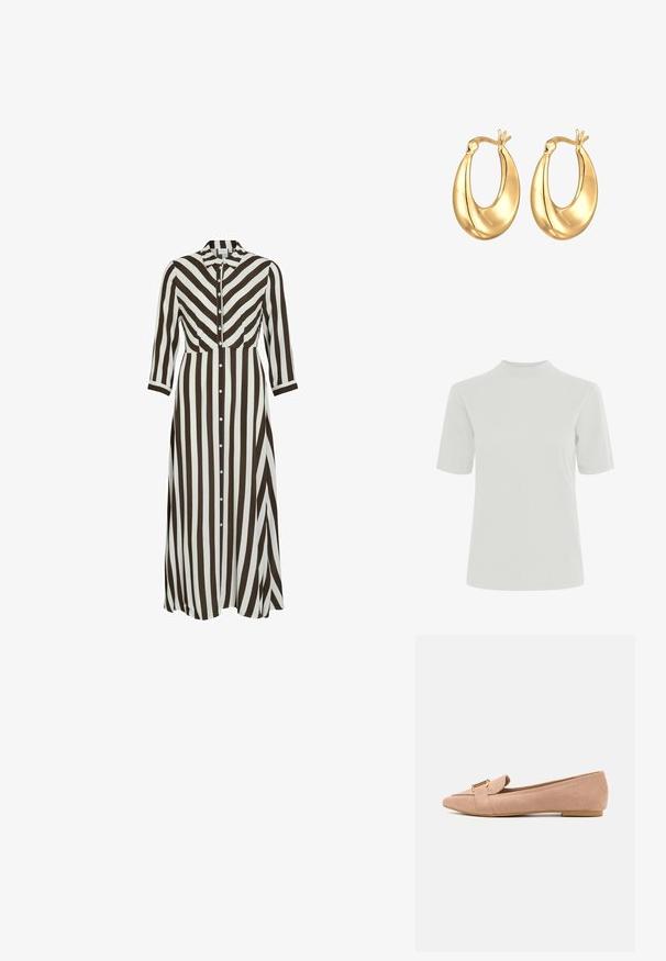 Schwarze Leder-Motorradjacke mit einem belüfteten Taillenbund, silbernen Beschlägen, Reißverschlusstaschen und einem eingekerbten Kragen. Glatte Textur und taillierte Passform.; ICHI IHRANIA - T-Shirt basic - cloud dancer; Langes, geknöpftes Kleid mit auffälligen braunen und weißen vertikalen Streifen. Mit Kragen, langen Ärmeln und einem fließenden Schnitt.; Rosa Wildlederschuhe mit spitzem Zehendesign, ausgestattet mit einem goldenen Hardware-Akzent und einer flachen Gummisohle für zusätzlichen Komfort.; Goldfarbene Creolen mit einer glatten, runden Form und glänzender Oberfläche. Mit einem einzigartigen Handdetail an der Oberseite zur Sicherung.