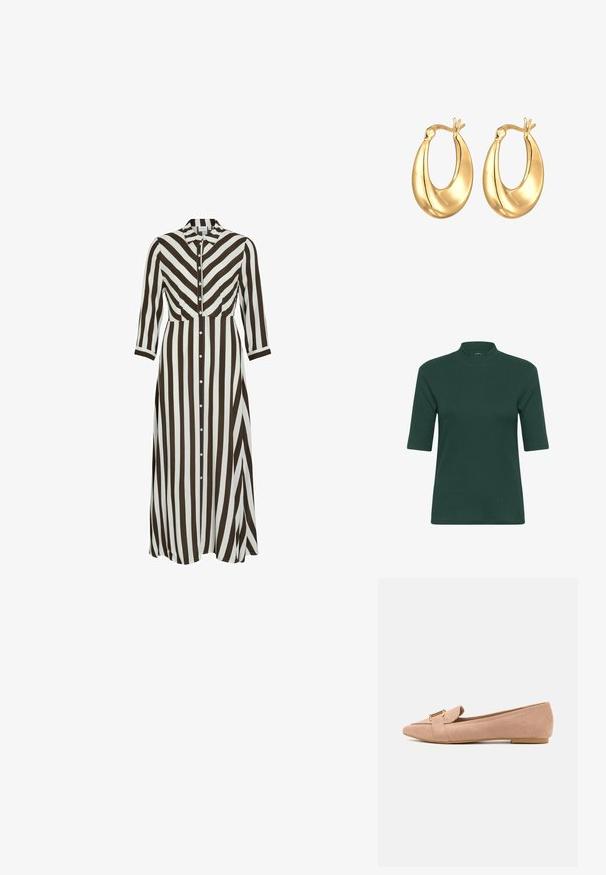 Musta nahkainen moottoripyörätakki, jossa on vyöllinen vyötärö, hopeiset yksityiskohdat, vetoketjulliset taskut ja muotoiltu kaulus. Luja pinta ja istuva malli.; Tummanvihreä ribattu lyhythihainen paita, jossa on korkea kaulus ja istuva siluetti. Sujuva rakenne, minimalistinen muotoilu, ei näkyviä kuvioita tai yksityiskohtia.; Pitkähihainen, napitusdressi, jossa on rohkeat ruskeat ja valkoiset pystysuorat raidat. Kauluksen malli, pitkät hihat ja virtaava siluetti.; Vaaleanpunaiset mokkanahkaiset tasapohjaiset kengät, joissa on terävä kärki, kultainen varuste ja mukava kumipohja.; Mustat nahkalaukku, jossa on jämäkkä muotoilu, kahdella kultaisella soljella, kahdella yläkahvalla ja sileällä pinnalla.; Kultaiset rengaskorvakorut, joissa on sileä, pyöreä muoto ja kiiltävä pinta. Varustettu ainutlaatuisella käsityöllä ylhäällä kiinnittämistä varten.