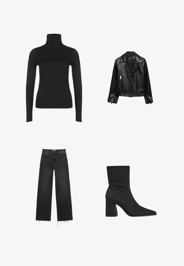 Sort lædermotorcykeljakke med bæltestrop i taljen, sølvhardware, lynlåslommer og klapkrave. Glat tekstur og tætsiddende design.; Sort langærmet turtleneck top i glat, strækbart stof. Har en høj krave og tætsiddende silhuet, uden synlige mønstre eller detaljer.; Højtaljede vide ben sorte denim jeans med frynset kant, fem lommers design og knaplukning. Glat tekstur med en slidt finish.; Sorte ankelstøvler lavet af glat stof, med spidse tæer, blokhæle og sømløst design med diskrete syninger.