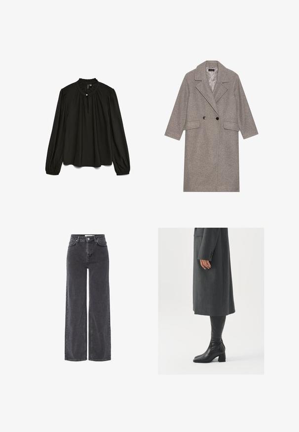 Grå, ullblandings dobbeltspent frakk med notched krage, to frontlommer og store svarte knapper. Midtlengde med en teksturert finish.; Svart langermet bluse med rynket rund hals, med en subtil knappdetalj og flytende silhuett laget av lett stoff.; Høyt midje svarte denimjeans med vide ben, med knappelukking, beltehemper og subtil fading langs stoffet.; Grå, skreddersydd frakk med rett snitt; kombinert med knehøye svarte lærstøvler med firkantet tå og kraftig hæl.