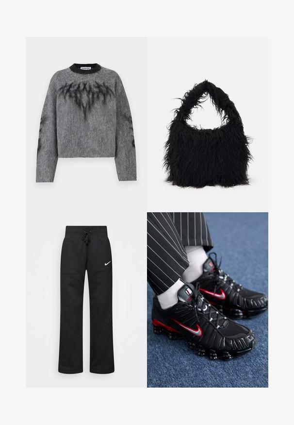 Beige coat with a fluffy white faux fur collar and cuffs. Features a belt tie and textured fabric in a subtle pattern.; Gray cropped sweater made from a fuzzy material, featuring a black neckline and abstract black patterns on the front and sleeves.; Black sweatpants made of cotton blend, featuring a drawstring waistband, straight legs, and a white Nike logo on the left side.; Black athletic shoes with red and silver accents, mesh and textured synthetic materials, laced design, and visible cushioning sole.; Even&Odd Tote bag - black