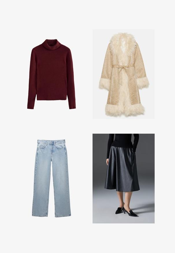 Cappotto beige con colletto e polsini in pelliccia sintetica bianca e soffice. Presenta una cintura in vita e un tessuto testurizzato con un motivo sottile.; Next HIGH ROLL NECK - Maglione - red burgundy; Jeans in denim blu chiaro con design a gamba larga, dotati di chiusura a bottoni e zip, cinque tasche e dettagli di cucitura minimi.; Gonna midi in pelle nera con una texture liscia; presenta una vita e tasche laterali. Abbinata a scarpe col tacco nere lucide.