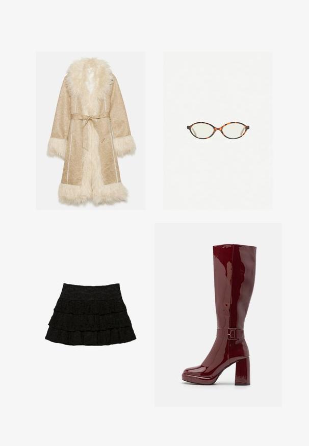Beige kabát s nadýchaným bílým umělým kožešinovým límcem a manžetami. Obsahuje pásek a strukturovanou tkaninu s jemným vzorem.; Dvě tílka bez rukávů: jedno bílé, s ribrovou strukturou, a jedno světle šedé se subtilním melírovaným vzorem. Obě mají kulaté výstřihy.; Černá sukně s podmínkami, která má tři vrstvy volánků s texturovaným květinovým vzorem. Elastický pas pro pohodlí a dobré padnutí.; Even&Odd Wide Fit Kozačky na vysokém podpatku - red; Želvovinové brýle s oválnými čočkami a hladkým, jemným povrchem. Má tenké bočnice s jemným zakřivením v chrámcích. Čiré čočky.; Červená kožená taška přes rameno s zakřiveným designem, hladkým povrchem a zipovým uzávěrem. Obsahuje tenkou rukojeť pro nošení.