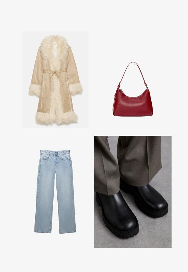 Beiger Mantel mit einem flauschigen weißen Kunstfellkragen und -manschetten. Mit einem Bindegürtel und einem strukturierten Stoff in einem subtilen Muster.; Zwei ärmellose Tanktops: eines in Weiß mit gerippter Textur und eines in Hellgrau mit subtilen Melange-Muster. Beide haben runde Ausschnitte.; Helleblaue Denim-Jeans mit weit geschnittenem Design, ausgestattet mit einem Knopf- und Reißverschluss, fünf Taschen und minimalen Nähten.; Schwarze Leder-Ankle-Boots mit einer klobigen Gummisohle, glatter Textur, runder Zehenform und minimalen Details. Kombiniert mit hellgrauen Hosen.; Rote Leder-Schultertasche mit einem geschwungenen Design, glatter Textur und einem Reißverschluss. Sie verfügt über einen dünnen Henkel zum Tragen.