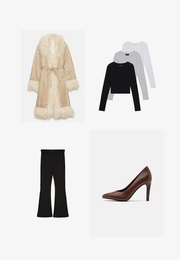 Manteau beige avec un col et des poignets en fausse fourrure blanche duveteuse. Doté d'une ceinture et d'un tissu texturé avec un motif subtil.; Trois hauts à manches longues empilés : noir, gris et blanc. Chacun a un col rond et un design court avec un tissu lisse et léger.; Leggings évasés noirs en tissu extensible. Présentent une taille large et une texture lisse, avec une coupe ajustée qui s'évasent au bas.; Marco Tozzi Escarpins - cognac