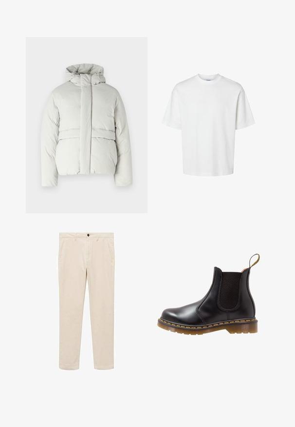 Světle šedá prošívaná bunda s kapucí, která má vysoký límec, přední zip a horizontální švy detailů na hrudi a lemu.; Bílý bavlněný tričko s krátkými rukávy, klasickým kulatým výstřihem a volným střihem. Hladká textura bez viditelných vzorů nebo akcentů.; Bežové bavlněné kalhoty s rovný fit, které mají dvě boční kapsy, přední zapínání na knoflík a zip a hladkou texturu.; Černé kožené Chelsea boty s elastickými bočními panely, žlutým prošíváním a texturovanou gumovou podrážkou. Mají poutko pro snadné obouvání.