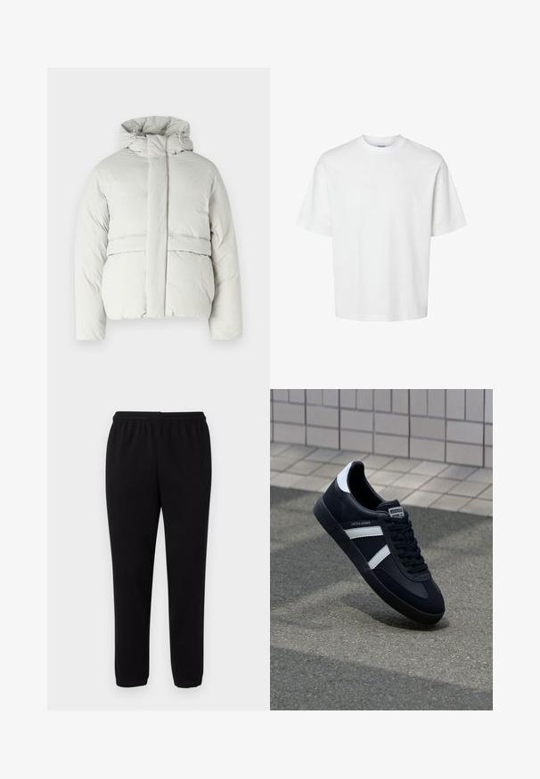 Hellgraue gepolsterte Jacke mit Kapuze, ausgestattet mit einem hohen Kragen, einem Frontreißverschluss und horizontalen Nahtdetails an der Brust und am Saum.; Weißes Baumwoll-T-Shirt mit kurzen Ärmeln, Rundhalsausschnitt und lässigem Schnitt. Glatte Textur ohne sichtbare Muster oder Akzente.; Schwarze lässige Sweatpants mit elastischem Bund und Bündchen an den Knöcheln, vor einem schlichten weißen Hintergrund dargestellt.; Schwarze Leder-Sneaker mit weißen Streifen, strukturiertem Gummisohle und Schnürung. Verfügt über ein Markenetikett auf der Zunge.