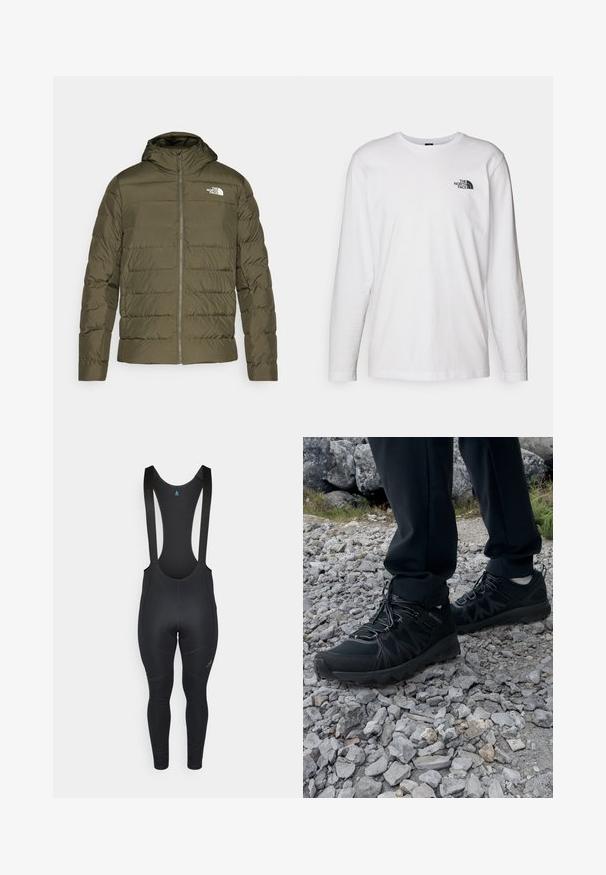 Oliwkowa izolowana kurtka z kapturem, pikowana konstrukcja, zamek błyskawiczny z przodu i biały logo na lewej piersi. Gładka tekstura.; Biała koszulka z długim rękawem wykonana z bawełny, z okrągłym dekoltem. Posiada małe czarne logo na piersi. Gładka faktura, regularny krój.; Czarne legginsy kolarskie z regulowanymi ramiączkami, bezszwowym krojem, wyściełanym miejscem na siedzenie oraz detalem logo na lewym udzie. Gładki, elastyczny materiał.; Czarne buty outdoorowe wykonane z siateczki i materiału syntetycznego, z fakturowaną cholewką, zabezpieczonym systemem sznurowania i solidną podeszwą, na skalistym terenie.